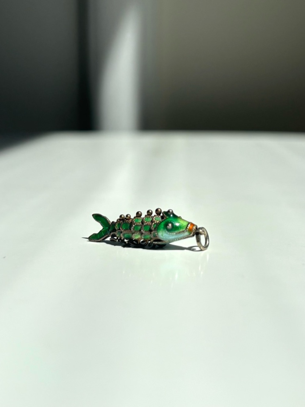 Tiny Vintage Green Articulated Wiggle Fish Necklace Pendant